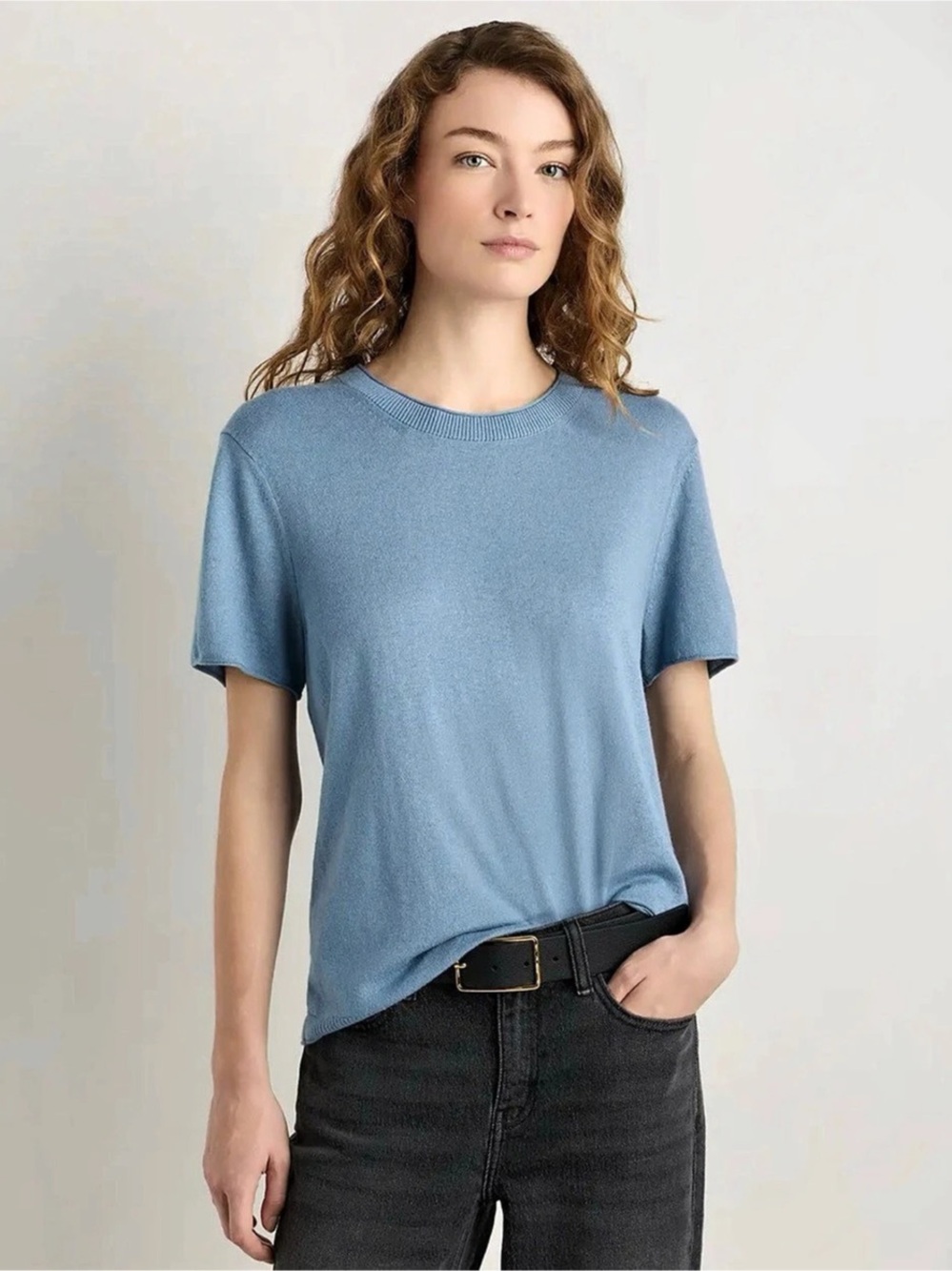 Quince Lightweight Cotton Cashmere Relaxed Sweater Tee Blue Medium